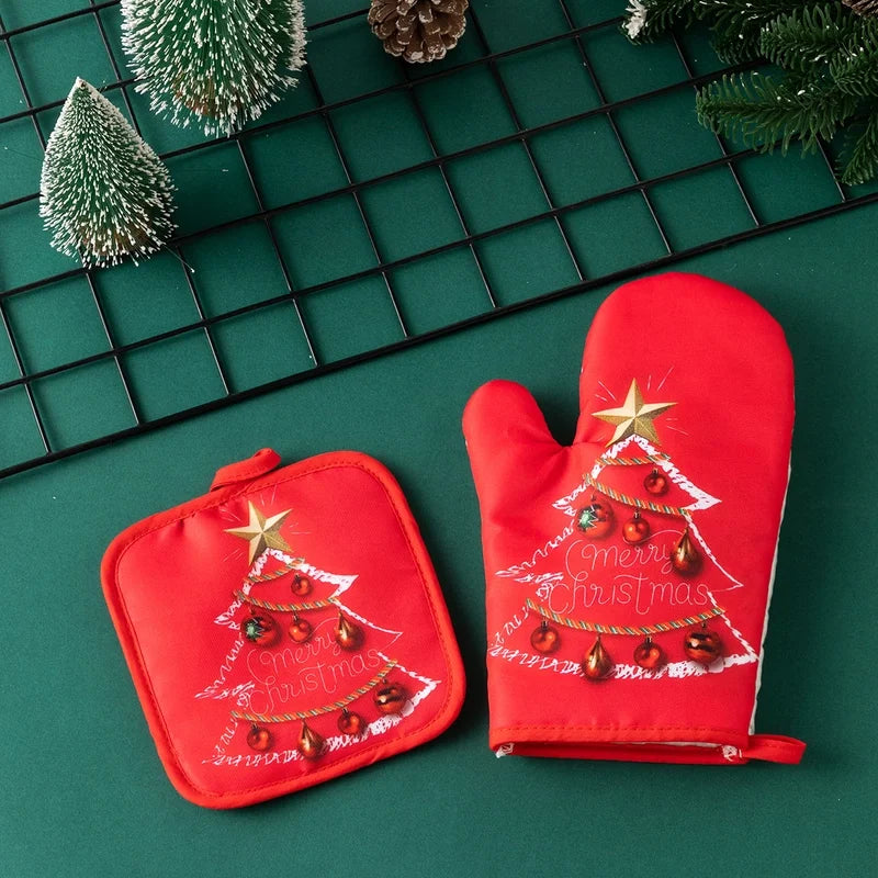 Christmas Minimalist Classic Style Christmas Tree Santa Claus Polyester Heat Resistant Gloves