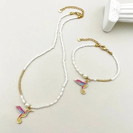 2 Pieces 304 Stainless Steel Beaded Gold Plated Vintage Style French Style Beaded Plating Bird Pearl Beads Bracelets Necklace