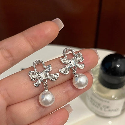 1 Pair Fashion Leaf Flower Bow Knot Imitation Pearl Alloy Rhinestones Earrings