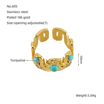 304 Stainless Steel 18K Gold Plated Minimalist Plating Inlay Round Natural Stone Open Rings