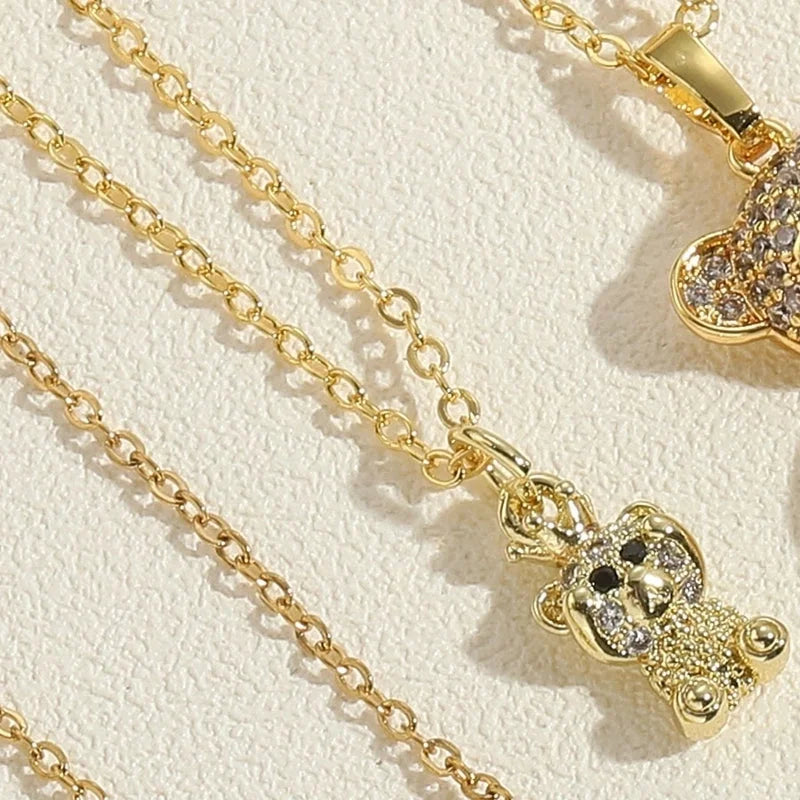 Vintage Style Minimalist Little Bear Stainless Steel Copper 14k Gold Plated Zircon Pendant Necklace In Bulk