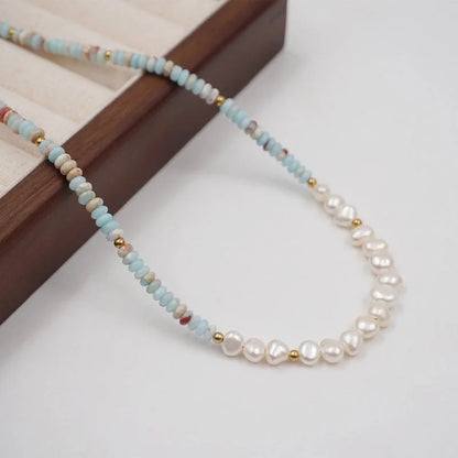 304 Stainless Steel Turquoise Freshwater Pearl Gold Plated Casual Minimalist Classic Style Beaded Handmade Geometric Necklace