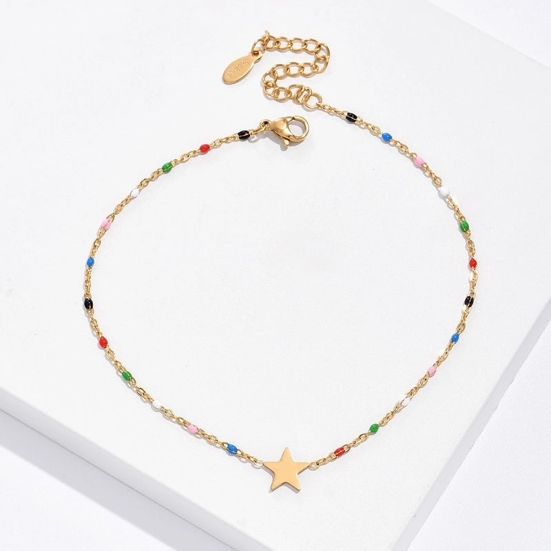 Fashion Pentagram Star Heart Shape 201 Stainless Steel Beads 18K Gold Plated Beaded Plating Anklet
