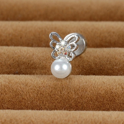 1 Piece Sweet Shiny Heart Shape Flower Butterfly Plating Inlay Stainless Steel Glass Pearl Zircon Cartilage Earrings