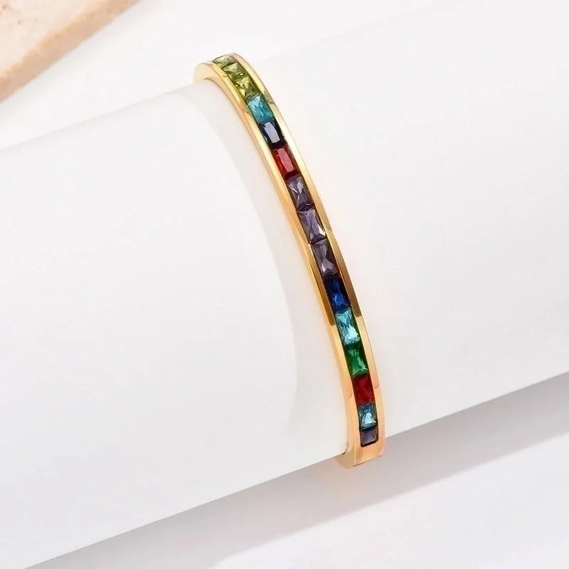 Classic Style Round 304 Stainless Steel 14K Gold Plated Zircon Bangle In Bulk