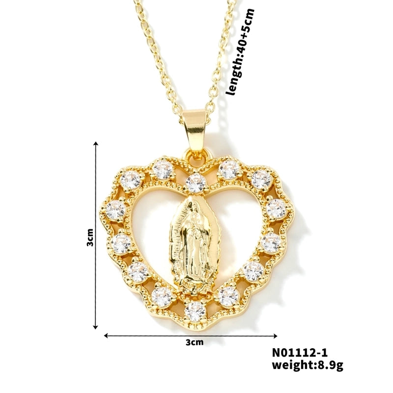 Vintage Style Classic Style Geometric Round Virgin Mary 304 Stainless Steel Copper Zircon K Gold Plated Inlay Pendant Necklace