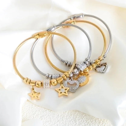 Casual Minimalist Star Heart Shape Butterfly Titanium Steel 18K Gold Plated Rhinestones Bangle In Bulk