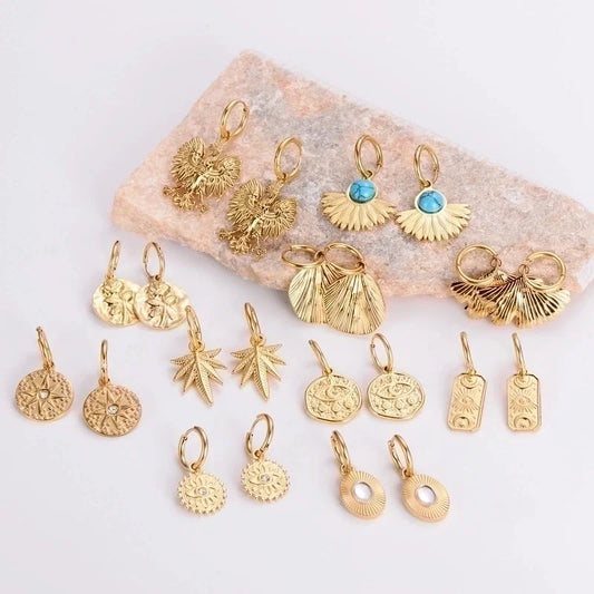 3 Pieces Glam French Style Round Leaves Irregular Inlay 304 Stainless Steel Resin Rhinestones 18K Gold Plated Drop Earrings