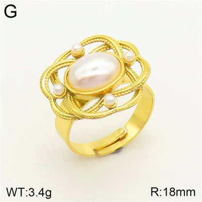 Elegant Geometric 304 Stainless Steel Artificial Pearls 18K Gold Plated Adjustable Ring