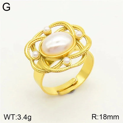 Elegant Geometric 304 Stainless Steel Artificial Pearls 18K Gold Plated Adjustable Ring