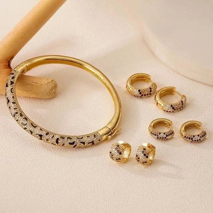 Copper 18K Gold Plated Enamel Inlay Round Snake Pattern Leopard Zircon Bracelets Earrings