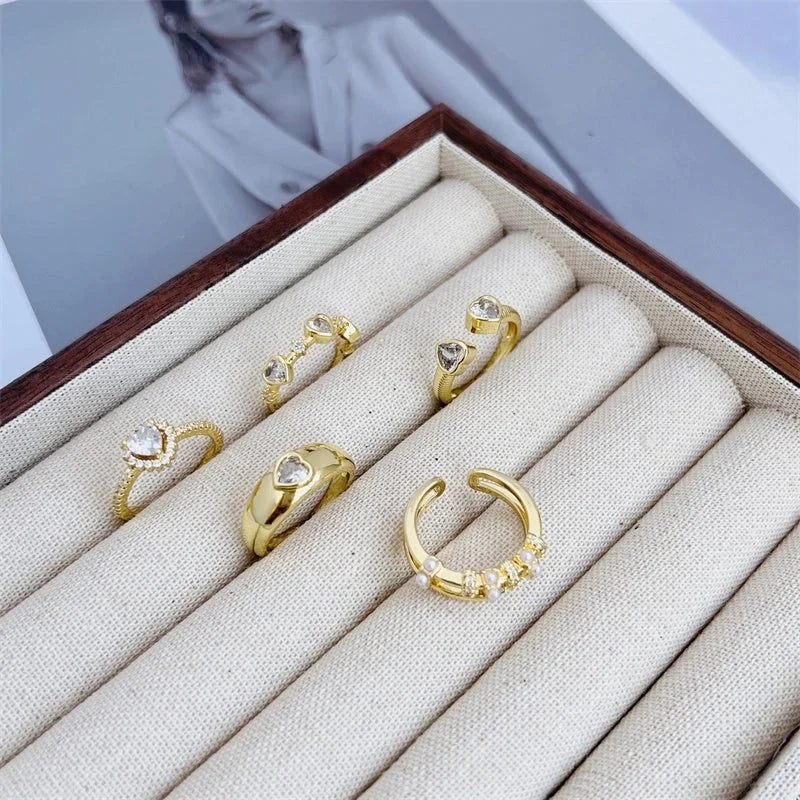 Copper 18K Gold Plated Inlay Heart Shape Zircon Open Rings