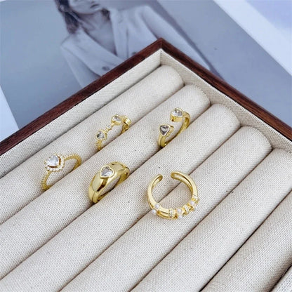 Copper 18K Gold Plated Inlay Heart Shape Zircon Open Rings