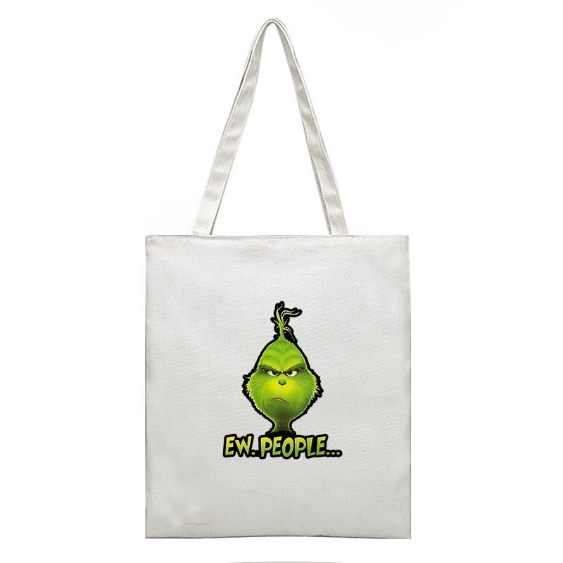 Christmas Peripheral Festival Handbag Canvas Bag Grinch Christmas Monster Green Fur Monster Printed Canvas Book Bag