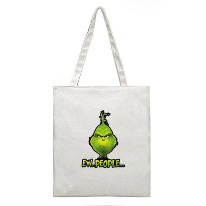Christmas Peripheral Festival Handbag Canvas Bag Grinch Christmas Monster Green Fur Monster Printed Canvas Book Bag