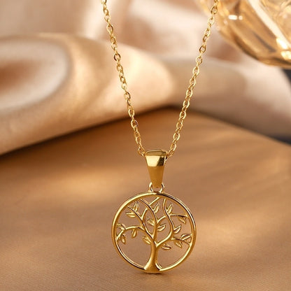 Minimalist Round Tree 304 Stainless Steel 18K Gold Plated Plating Hollow Out Pendant Necklace