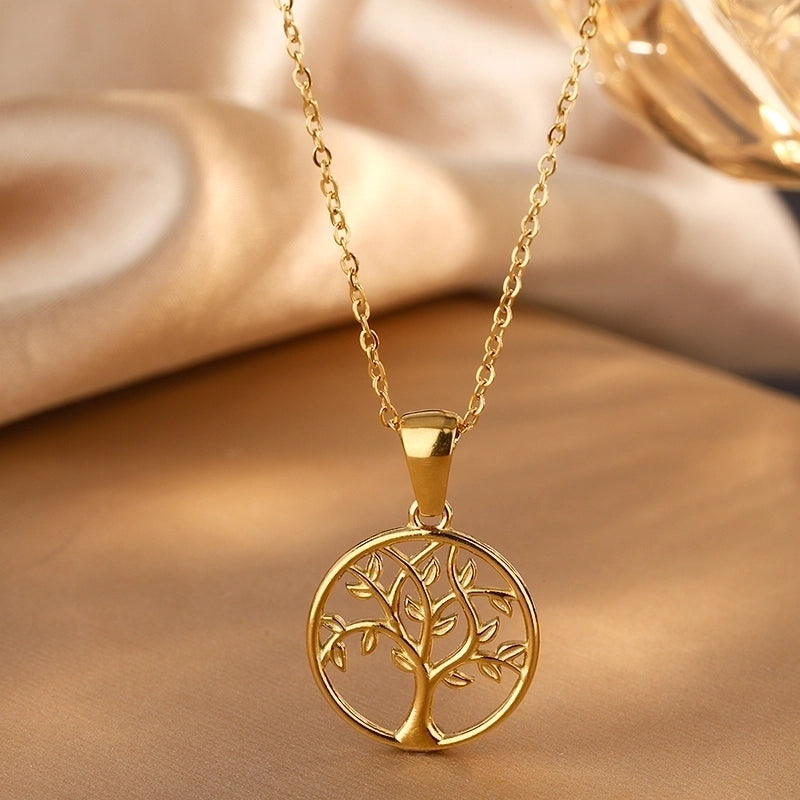 Minimalist Round Tree 304 Stainless Steel 18K Gold Plated Plating Hollow Out Pendant Necklace