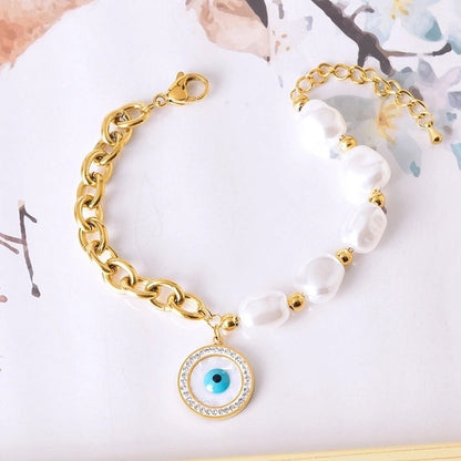 Sweet Geometric Devil's Eye Heart Shape 304 Stainless Steel 18K Gold Plated Artificial Pearls Rhinestones Shell Bracelets In Bulk