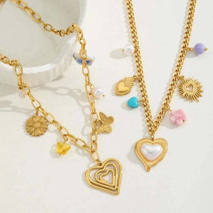 Elegant Vacation Heart Shape 304 Stainless Steel Imitation Pearl 18K Gold Plated Inlay Multi Charms Necklace