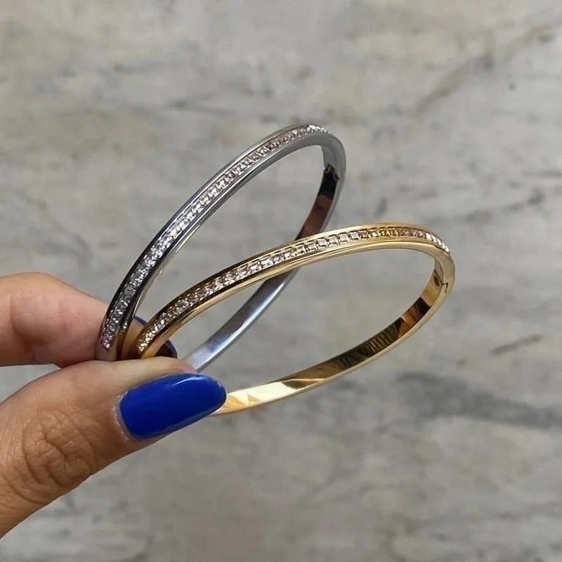 Elegant Shiny Solid Color 304 Stainless Steel 18K Gold Plated Zircon Bangle In Bulk