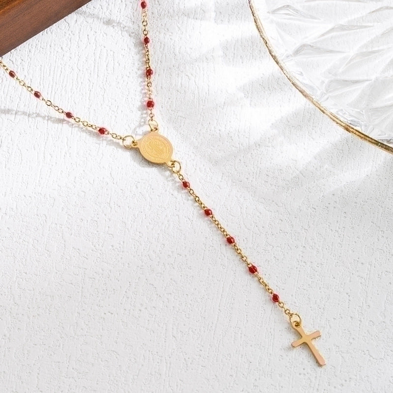 3 Pieces Elegant Classical Cross Virgin Mary Priest Stainless Steel Beaded Plating 18k Gold Plated Necklace