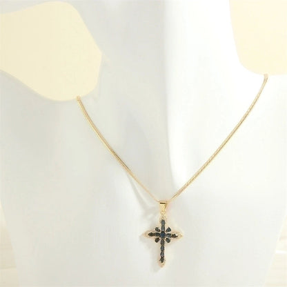 Minimalist Cross Copper 18k Gold Plated Zircon Pendant Necklace In Bulk