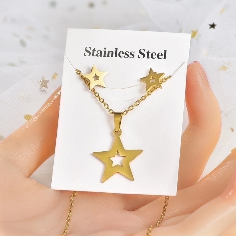 Fashion Star Tree Heart Shape Titanium Steel Hollow Out Women\'s Earrings Necklace 1 Set