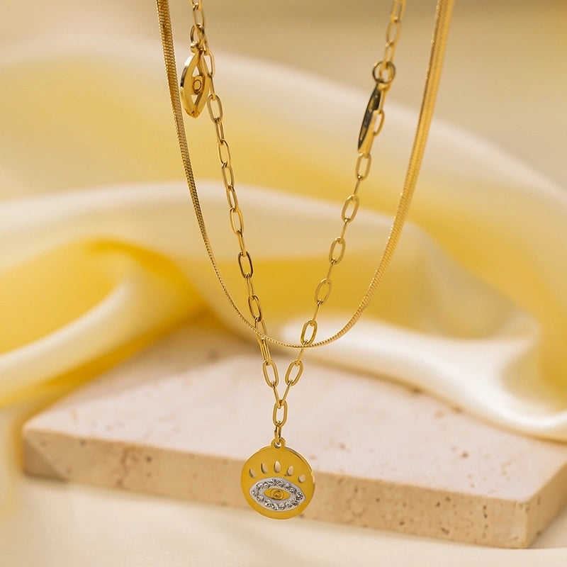 Minimalist Geometric Heart Shape Titanium Steel Shell Zircon 18K Gold Plated Inlay Layered Necklaces Necklace