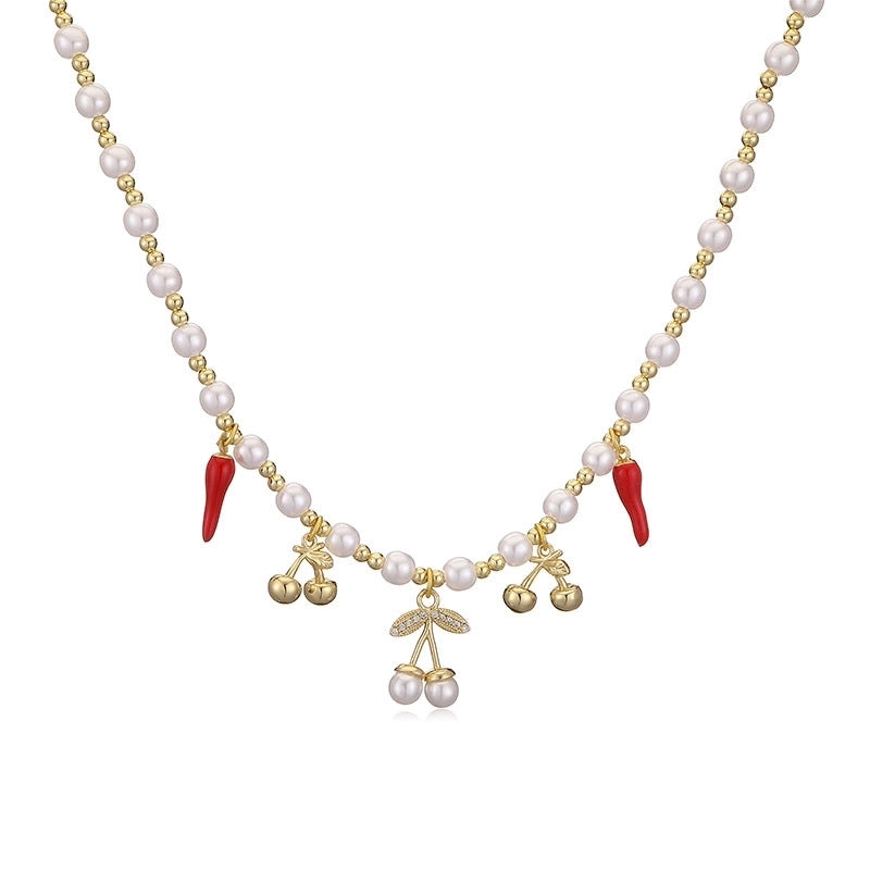Sweet Cherry Strawberry Copper Enamel Multi Charms Necklace