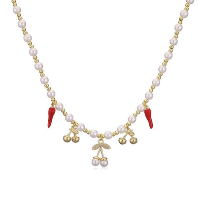 Sweet Cherry Strawberry Copper Enamel Multi Charms Necklace