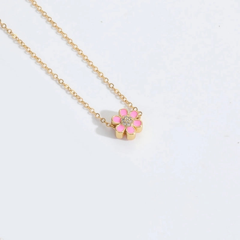 Copper 14K Gold Plated Enamel Flower Zircon Pendant Necklace