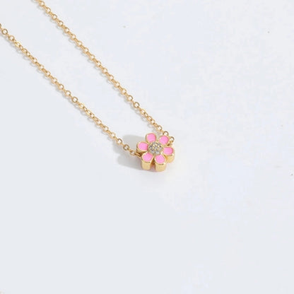 Copper 14K Gold Plated Enamel Flower Zircon Pendant Necklace