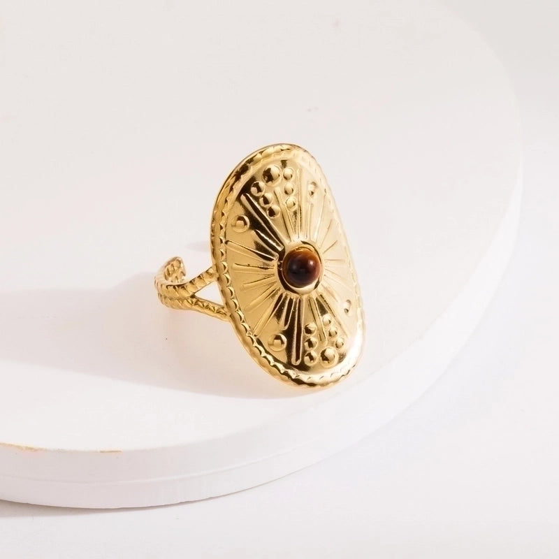 2 Pieces Vintage Style Minimalist Oval 304 Stainless Steel Natural Stone 14K Gold Plated Inlay Open Rings