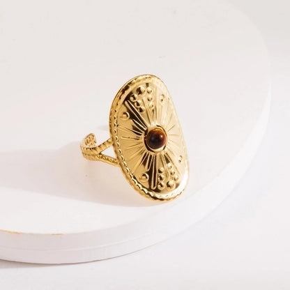 2 Pieces Vintage Style Minimalist Oval 304 Stainless Steel Natural Stone 14K Gold Plated Inlay Open Rings