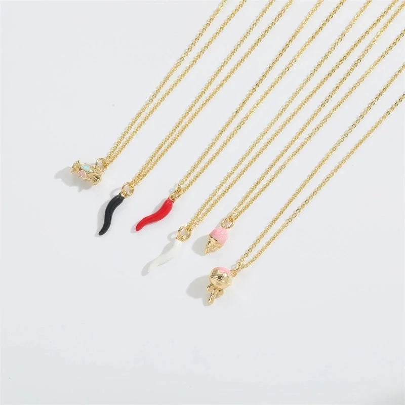 Copper Cable Chain 14K Gold Plated Enamel Ice Cream Lollipop Chili Necklace