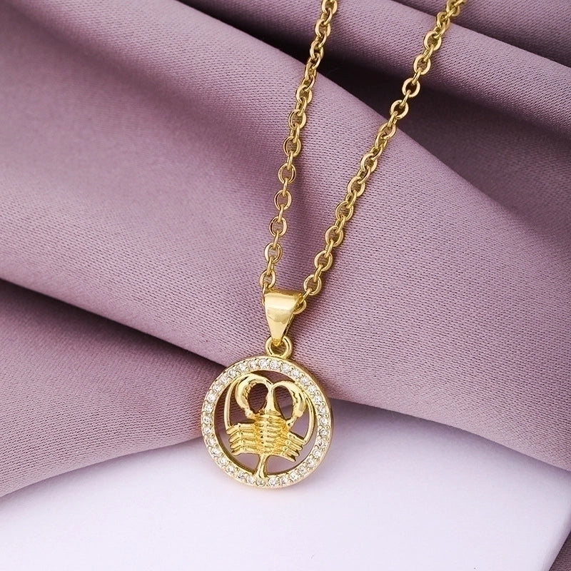 Fashion Twelve Constellation Copper Inlaid Zircon Gold Plated Stainless Steel Pendant Necklace