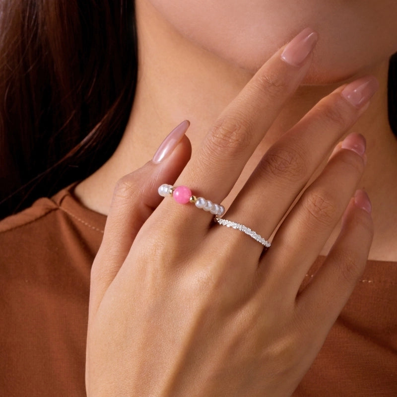 Fairy Style Sweet Shiny Round Imitation Pearl Synthetic Resin Beaded Rings