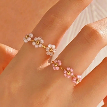 IG Style Sweet Flower 304 Stainless Steel 18K Gold Plated Beaded Knitting Open Rings