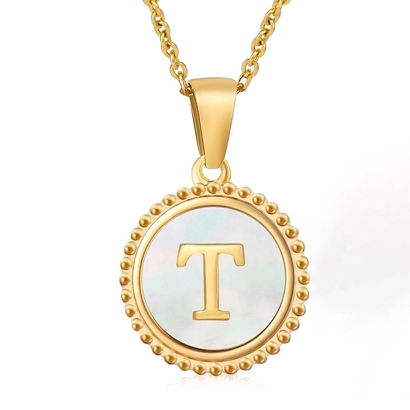 Minimalist Round Letter Stainless Steel Inlay Shell Pendant Necklace