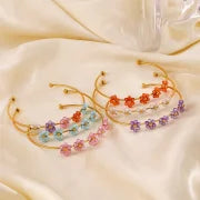 2 Pieces IG Style Flower 304 Stainless Steel 18K Gold Plated Zircon Bangle In Bulk