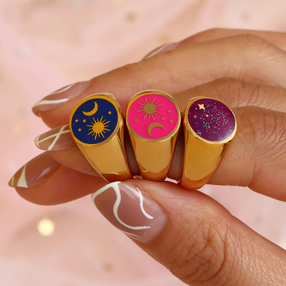 Women Fashion Sun Star Moon Geometric Stainless Steel 18K Gold Plated Rings