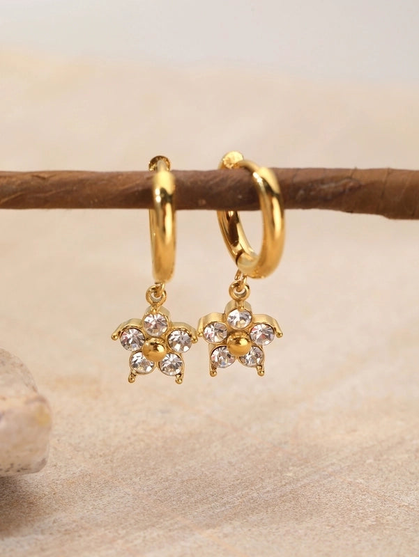 1 Pair Elegant Flower Plating Inlay 304 Stainless Steel Rhinestones 18K Gold Plated Drop Earrings