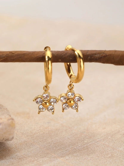 1 Pair Elegant Flower Plating Inlay 304 Stainless Steel Rhinestones 18K Gold Plated Drop Earrings