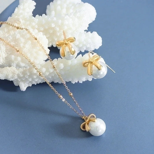 Fashion Bow Knot 304 Stainless Steel Pearl 18K Gold Plated Inlay Earrings Necklace