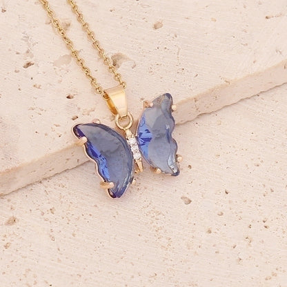 Stainless Steel 18K Gold Plated Fairy Style Inlay Butterfly Crystal Necklace