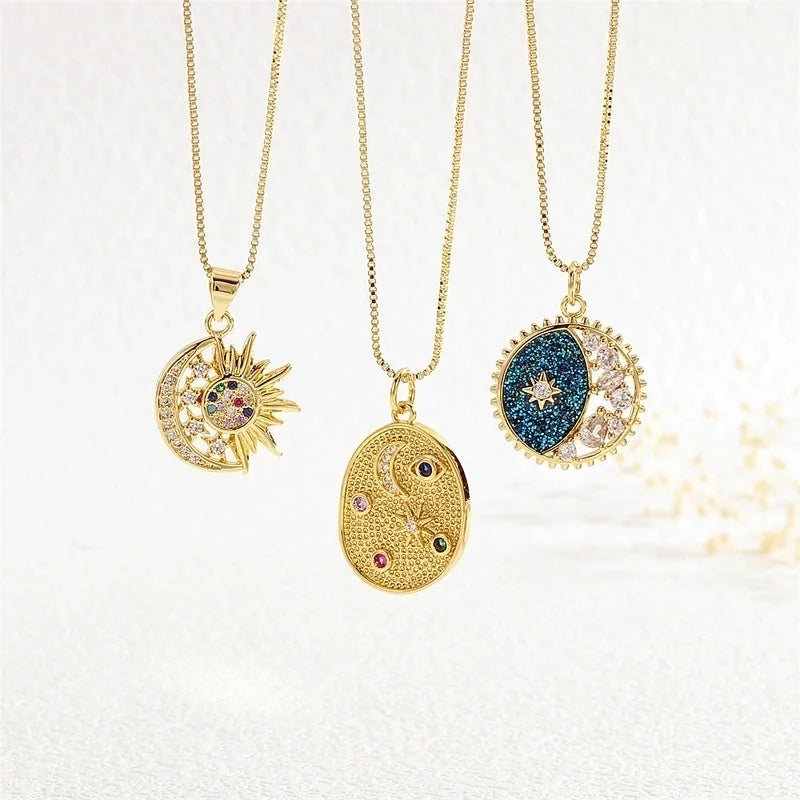 Copper Box Chain Inlay Star Moon Zircon Pendant Necklace