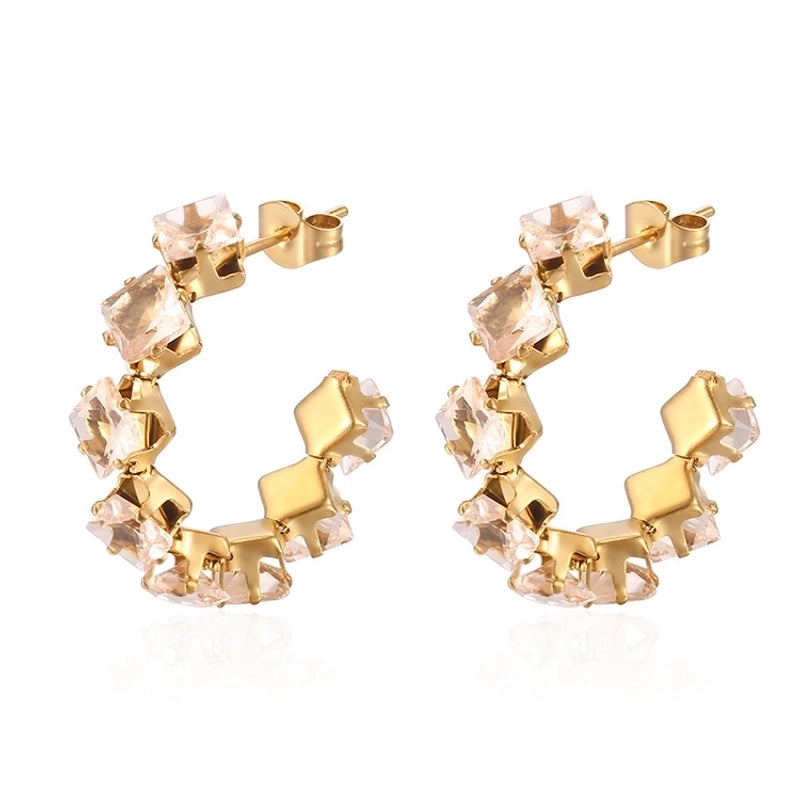 1 Pair IG Style Baroque Style Shiny C Shape Rhombus Inlay 316 Stainless Steel Zircon 18K Gold Plated Ear Studs