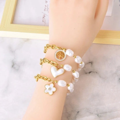 Sweet Geometric Devil's Eye Heart Shape 304 Stainless Steel 18K Gold Plated Artificial Pearls Rhinestones Shell Bracelets In Bulk