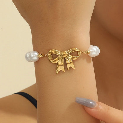 Preppy Style Sexy Minimalist Ocean Heart Shape Bow Knot Titanium Steel 18K Gold Plated Titanium Steel Bracelets In Bulk