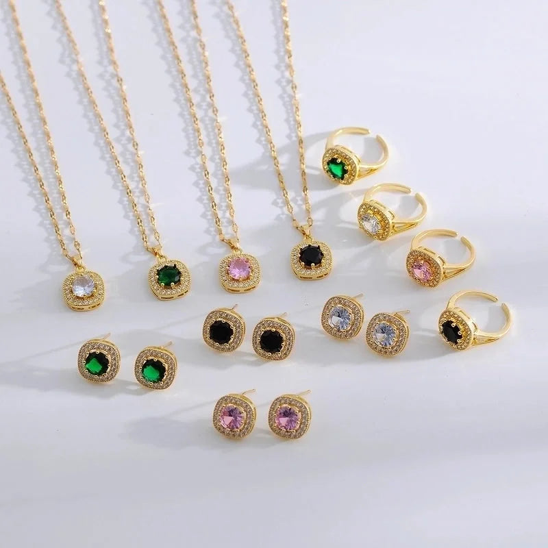 Copper 18K Gold Plated Minimalist Shiny Inlay Square Zircon Rings Earrings Necklace